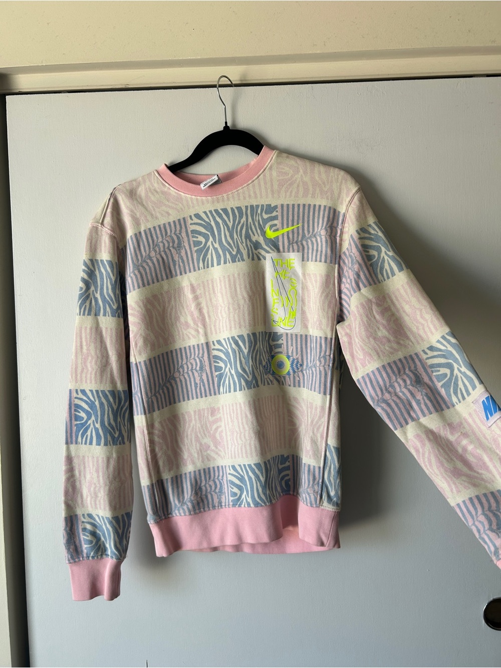 Nike Women's Pastel Pink & Light Blue Zebra Stripe Crewneck